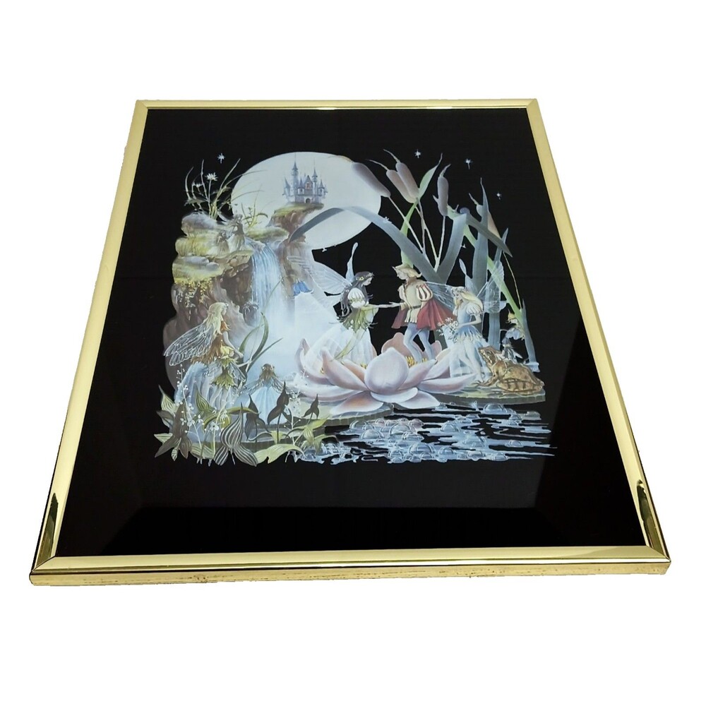 Vintage 1985 Fantasy Foil Art Fairy Moon Castle Screened Etching 11x14 Framed
